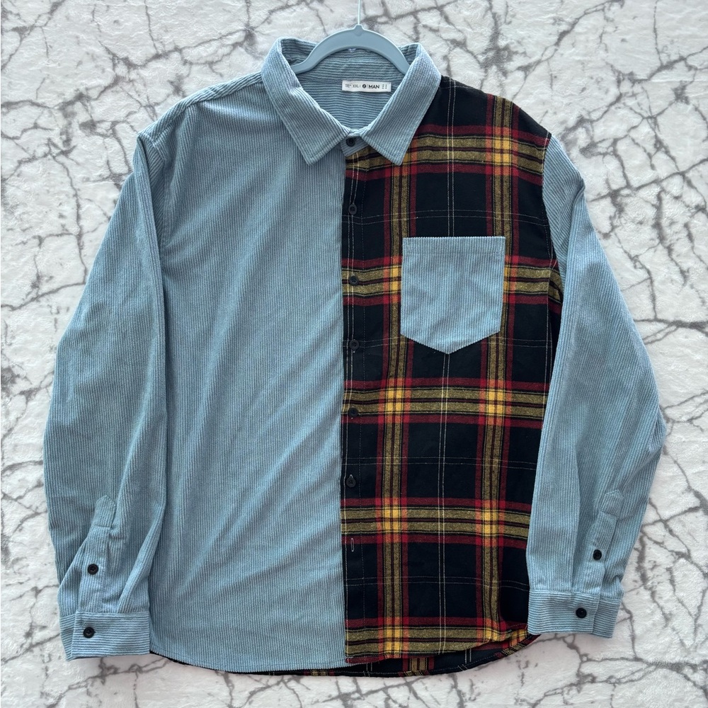 ZARA MAN Corduroy Flannel Shirt Men's XXL Light Blue Red Black Plaid Button Up